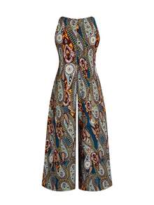 Sweetra Plus Size V-Neck Printed Sleeveless Wide Leg Jumpsuit With Invisible Zipper At Back - Multicolor - View 2