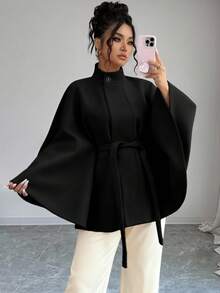SHEIN Elenzya Elegant Large-Sized Women's Knitted Woolen Coat For Autumn And Winter - Black - View 4