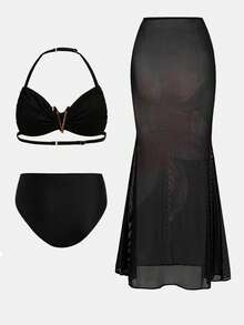 SHEIN 少女印花针织比基尼套装，饰有海星图案，适合海滩度假，美人鱼造型，夏季假期必备 - 黑色 - 查看 4