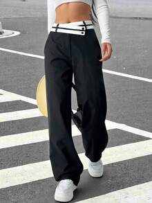 Muchica 春季连衣裙裤装 女士黑色不对称高腰直筒裤 - 黑與白 - 查看 5