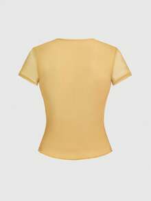 ROMWE Avant 亚文化复古日本艺伎与书法印花网纱上衣 - 黃色 - 查看 2