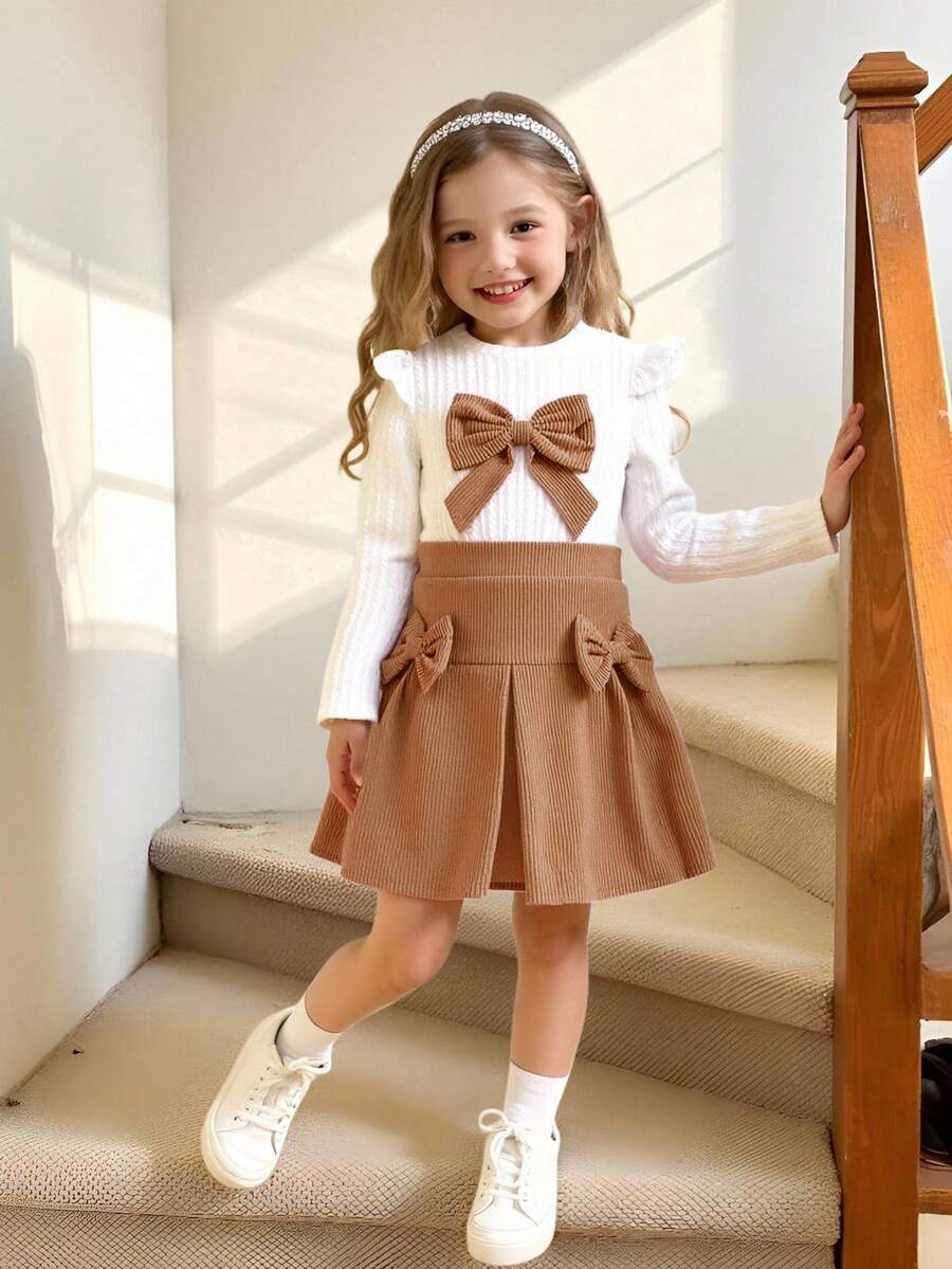 Elladie kids 4-7 anni Ragazze Casual Dolce Bianco Maglia Jacquard Fiocco Decorazione Volant Orlo Manica Lunga Girocollo Top e Rosa Velluto a Coste Vita Elastica Plissettata Gonna, Adatto per Uso Quotidiano, Uscite Casual