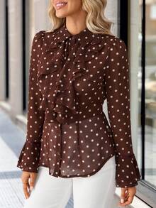 Solivie Damen Polka Punkt Muster Patchwork Volant Glockenärmel Braun Elegante Bluse, Elegante Bluse Frühling - Verschiedenfarbig - Übersicht 5