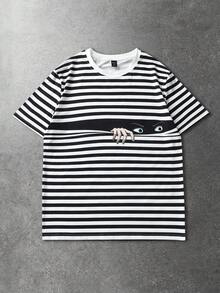 ROMWE MEN 男士休闲圆领短袖条纹图案T恤 - 黑與白 - 查看 1