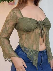 Nezia Cruz Plus Size Lace Flare Sleeve Front Tie Sexy Square Neck Blouse Green Lace Top,Fall Clothes For Women - Army Green - View 6