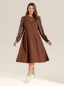 Momelise Plus Size Multicolor Plaid Collar Long Sleeve A Line Knee Length Casual Woven Fabric Dress With Pockets - Multicolor - View 3