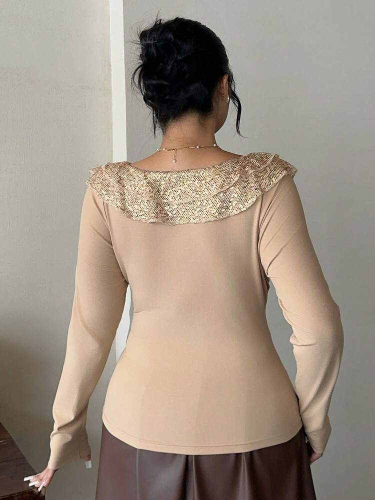 Dazy Plus Valentine Plus Size Women Stretchy Ruffle Collar Sequin Bodycon Long Sleeve T-Shirt, Spring/Autumn