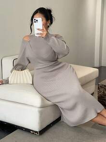 Dazy Plus Plus Size Women Solid Color Asymmetrical Cutout Shoulder Elastic Fitted Elegant Long Sweater Dress, Casual For Autumn/Winter - Khaki - View 5