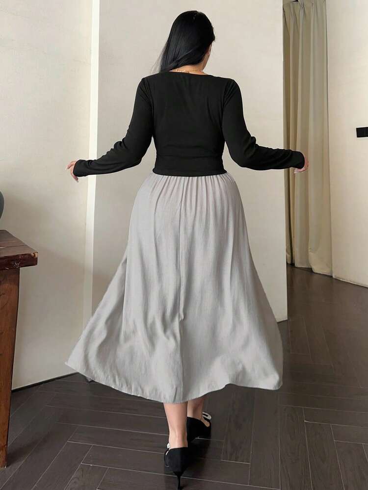 Dazy Plus Elegant V-Neck Long Sleeve Dress With Contrast Color Patchwork, Plus Size For Women, Spring/Autumn