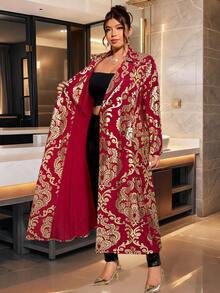 Cravure Áo khoác dài tay cổ bẻ in họa tiết lá kim loại cổ điển cỡ lớn, dáng chữ A, cài hai hàng khuy, thanh lịch cho tiệc tùng, đi chơi, tụ tập, ăn tối - Màu Đỏ Sâu - Xem 5