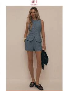 ATUI Studio Women's Casual Commuting Street Button-Front Sleeveless Pleated Pocket Elastic Waist Imitation Denim Texture Fabric Wide-Leg Linen  Vest Top Women, Business Casual Women,Office Outfits For Women,Office Wear Women, Blue Summer Top, Blue Crop Top,Going Out Tops Women,Old Money Style Women,Wedding Guest