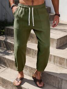VENTUSAIL 男士纯色简约日常纯棉工装裤 男士抽绳裤 橄榄绿裤 男士夏季裤 男士亚麻裤 波西米亚风裤 - 軍綠色 - 查看 3