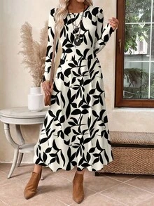 EMERY ROSE Vestido largo elegante de mujer con estampado de hojas en blanco y negro, adecuado para citas, salidas y viajes al trabajo - Multicolor - Ver 5