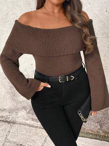 EMERY ROSE 1pc Women Plus Size One-Shoulder Elegant Fitted Sweater - Camel - View 4