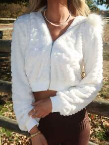 Sydney Algeri 女式连帽长袖心形图案蓬松装饰夹克，秋冬早午餐女装，秋季婚礼宾客连帽衫，返校节，90 年代服装，女士深秋休闲撞色蓬松拉链常规袖连帽常规版型白色纯色女式夹克，休闲日常穿着 - 白色 - 查看 4