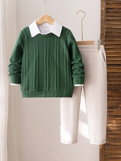 SHEIN 两件套男童套装，提花圆领长袖卫衣搭配休闲裤，腰带装饰，时尚百搭，适合生日派对、庆典、婚礼、洗礼、返校季、运动季、万圣节、圣诞节等场合。