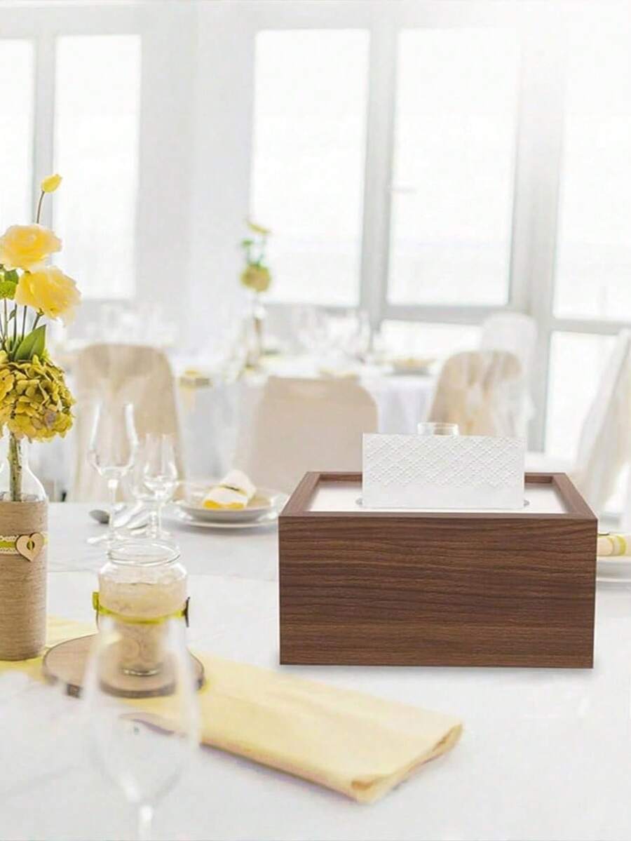 北欧风格木质纸巾盒，带亚克力盖，条纹图案，适用于家庭和餐厅，可用作餐巾纸盒、桌面收纳整理盒 - 棕色 - 查看 1