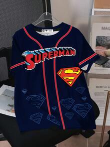 SUPERMAN X SHEIN 青少年男孩圆领短袖夏季舒适休闲卡通深红色深蓝色运动条纹针织英文字母图案T恤