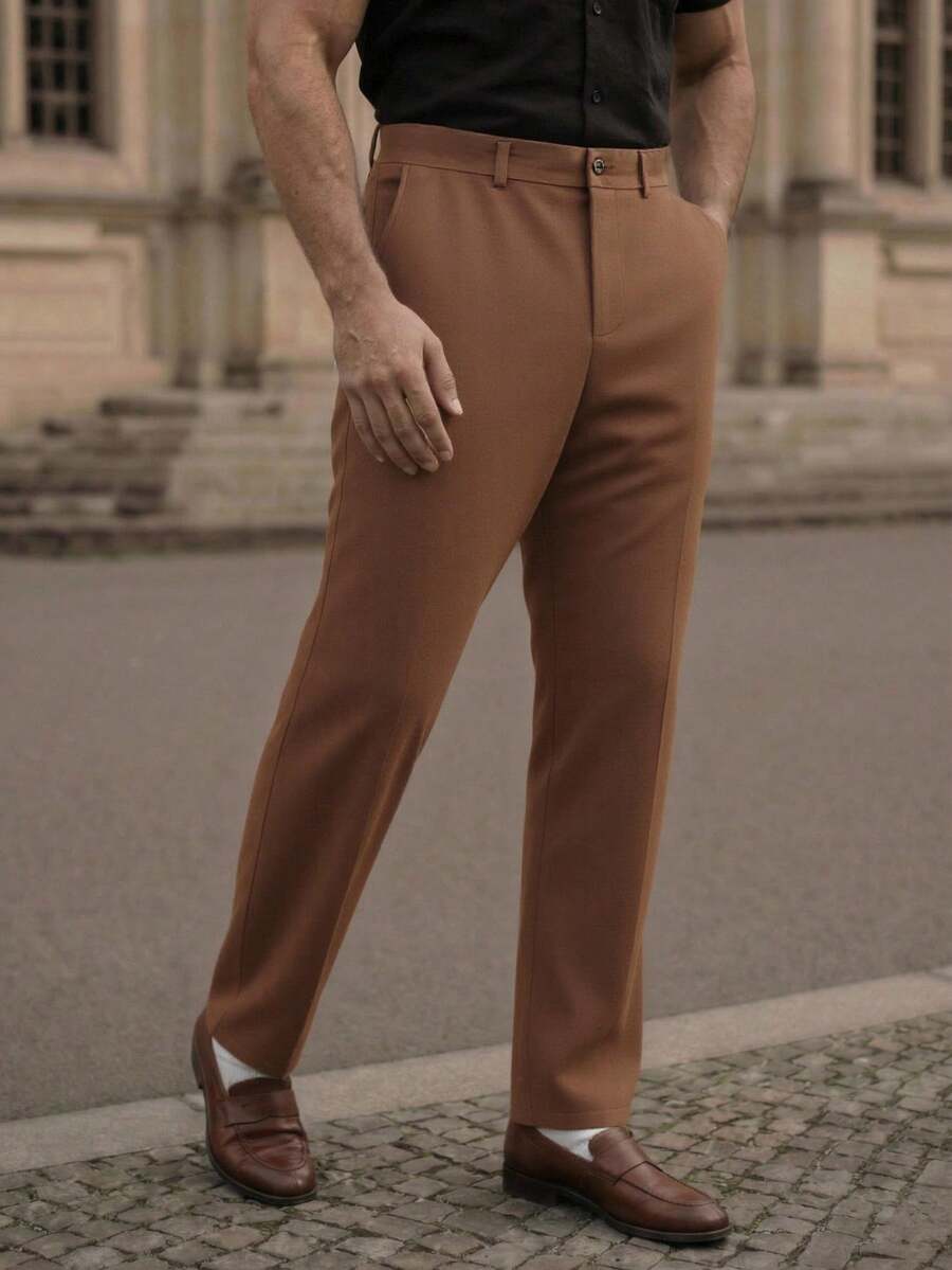 Mainfolk Men's Solid Color Pocket Straight Loose Casual Commuter Pants, For Winter - Brown - View 1