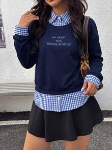 Rina Fox sweat-shirt décontracté à manches longues 2 en 1 avec col chemise, imprimé de slogan et patchwork à carreaux, taille grande pour femmes