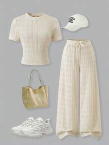 SHEIN ChillGRL 2件套少女纹理面料立领短袖T恤+休闲长裤 - 杏色 - 查看 1