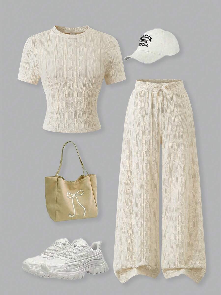 SHEIN ChillGRL 2件套少女纹理面料立领短袖T恤+休闲长裤 - 杏色 - 查看 1