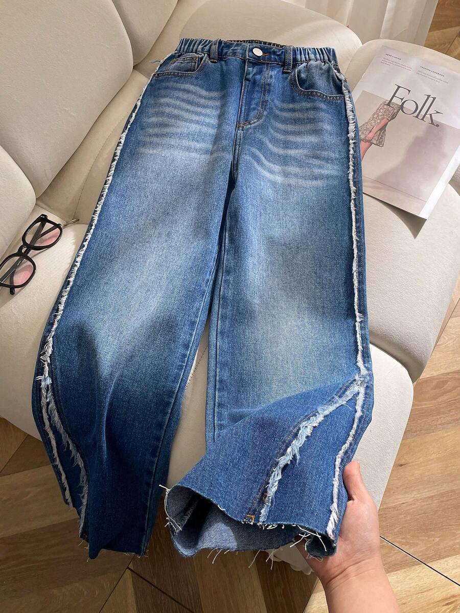 Elladie kids Tween Girls' Blue Loose Fit Distressed Jeans, Versatile Structural Design - Blue - View 1