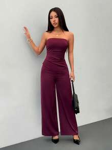 SHEIN PETITE Completo elegante da pendolare in raso bordeaux con orlo asimmetrico e top a tubo, pantaloni ampi e semplici. Completo elegante, nuovo abbigliamento da donna per l'anno nuovo, set elegante da donna, set bordeaux, tailleur marrone, outfit da festa, abiti natalizi, look autunnale da donna, adatto per primavera/estate, San Valentino, banchetti, appuntamenti - Bordò - Visualizzare 4