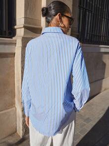 Maija 女士休闲条纹长袖衬衫，适合外出、通勤或日常社交场合。舒适百搭，毕业季女士休闲衬衫之选。 - 藍色 - 查看 3