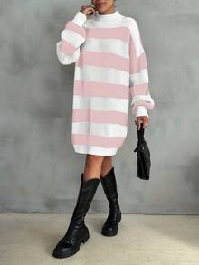 EURMUSE Women Drop Shoulder Sweater Dress With Striped Pattern - Baby Pink - View 2