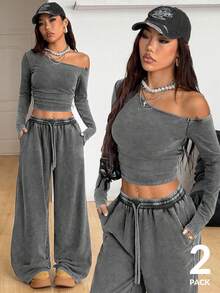 Coolane Women's Daily Wear Essentials Knit Stretchy Comfy Asymmetrical Neck Long Sleeve Tops And Wide Leg Sweatpants Tracksuit,2pcs,French Grey - Grey - View 3