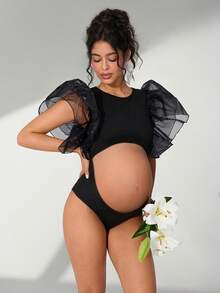 Cheriluna Maternity 孕妇摄影连衣裙，荷叶边袖，双层欧根纱，圆领，修身前襟带腹部镂空设计 - 黑色 - 查看 4