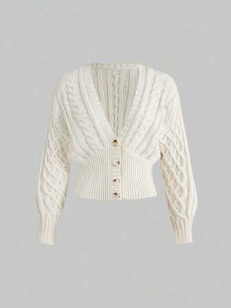 Damen einfarbiger V-Ausschnitt Einzelknopf Zopfstrick Cardigan, modisch & vielseitig für Herbst/Winter