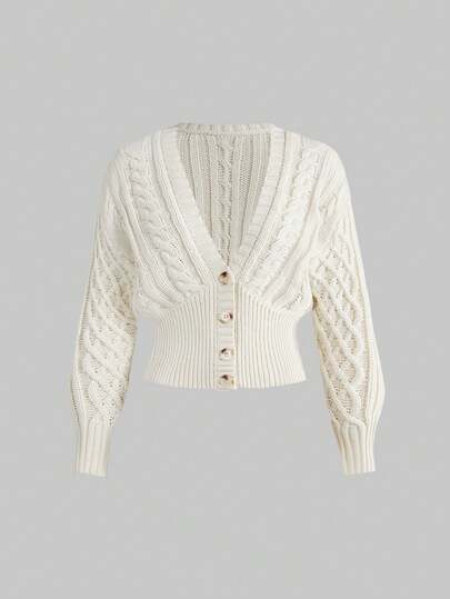 Cárdigan de punto de cable de un solo pecho con cuello en V de unicolor para mujer, de moda y versátil para otoño/invierno