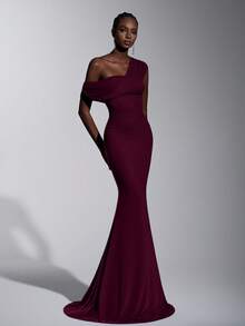 Elitara 2025新款优雅安哥拉红网纱单肩褶皱装饰修身美人鱼长裙，适合婚礼、正式场合、伴娘礼服