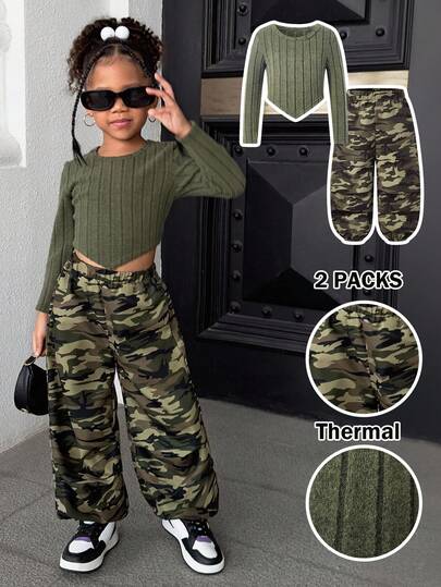 TaviRue 2件套女婴绿色休闲舒适百搭纯色高弹力磨毛罗纹长袖上衣+迷彩宽松抽绳裤套装，秋冬款