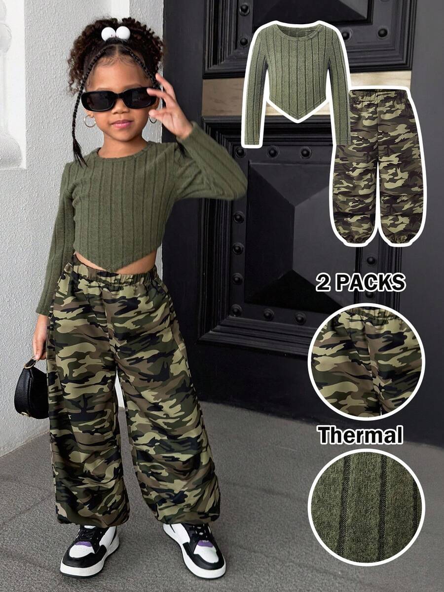 TaviRue 2件套女婴绿色休闲舒适百搭纯色高弹力磨毛罗纹长袖上衣+迷彩宽松抽绳裤套装，秋冬款