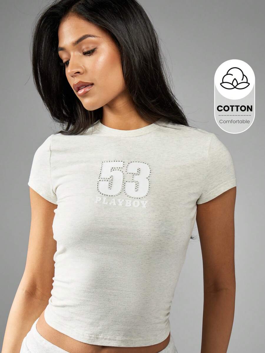 Missguided x Playboy 钻石装饰婴儿短款上衣 Y2K 美学短袖基本款修身 T 恤运动休闲街头服饰水钻细节家居服 - 淺灰色 - 查看 1