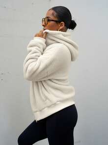 SAYEHFBABY 1 Stück Damen Fleece-Sweatshirt mit Kapuze Einfarbig, dick und warm, für Herbst/Winter, Langarm-Oberteil - Aprikosenfarben - Übersicht 4