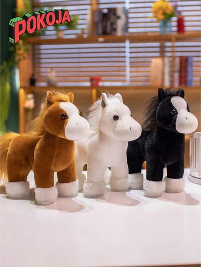 POKOJA LAND 7.8英寸动物马毛绒玩具，三种不同颜色和款式可选，仿真小马采用柔软毛绒面料制成，棕色、白色、黑色柔软毛发，白色蹄子，是送给朋友、幼儿和动物爱好者的礼物，也是春夏季节有趣的纪念品。
