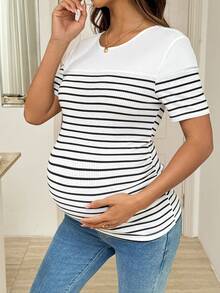 SHEIN Maternity Striped Print Round Neck Fitted Short Sleeve T-Shirt Maternity Tops Maternity Clothes T Shirts Pregnancy Shirts Pregnant Clothes Nursing Top