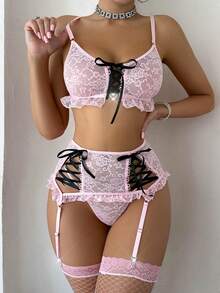 PetitDoll 5 件女士性感无钢圈文胸套装（无钢圈文胸、丁字裤、腰带、2 件渔网袜）适合外出