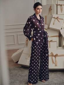 Anewsta 女士波点衬衫+阔腿裤两件套，优雅百搭的时尚设计 - 紫色 - 查看 7