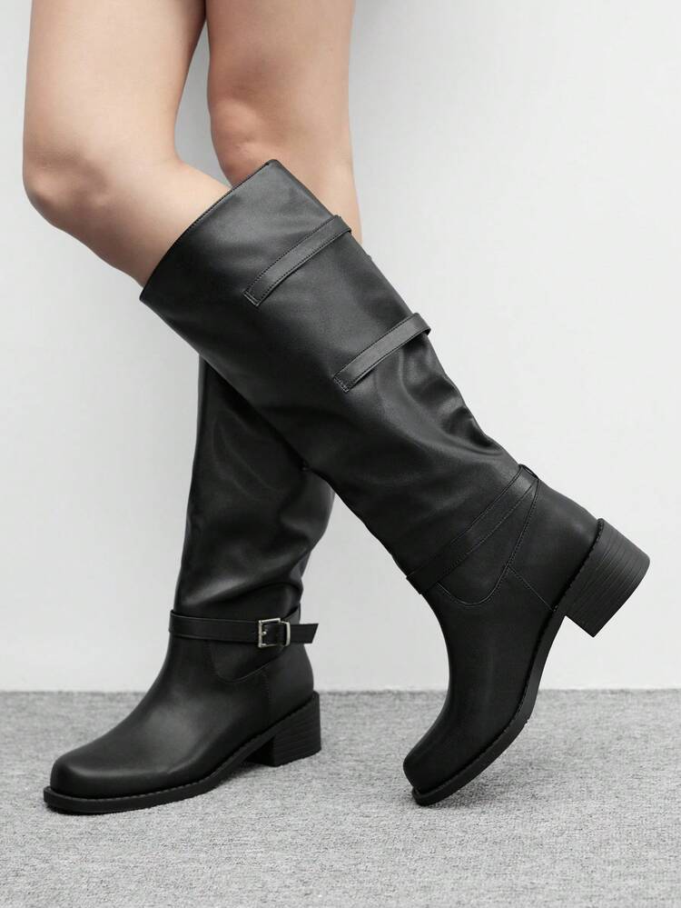CUCCOO BIZCHIC Women's Round Toe Platform Thick Sole Black PU Slip-On Boots With Buckle Decor, Fashionable, Comfortable For Casual, Party, Daily Wear For Christmas