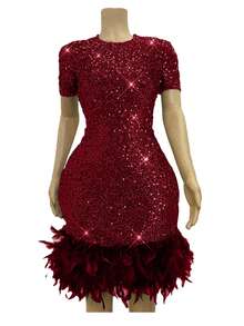Ellevyn Plus Size Summer Fashion Sequin Patchwork Feather Hem Dress - Burgundy - View 2