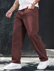 Manfinity Homme 男士纯色口袋休闲直筒牛仔裤 男士宽松直筒休闲裤 - 鏽棕色 - 查看 3