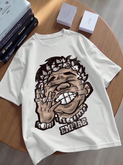 Manfinity Dauomo 男士卡通朋克图案圆领短袖休闲T恤，宽松版型，百搭，男女皆宜，是度假旅行的理想之选。