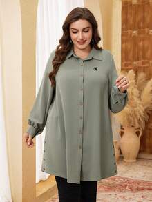 Lacomfia Plus Size Long Sleeve Solid Color Embroidered Button-Up Casual Shirt Fall - Green - View 5