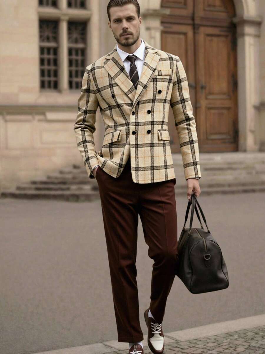 Manfinity VCAY Men's Plaid Double-Breasted Blazer And Solid Color Pants Set,Elegant Beige Summer Dinner Wedding Suit,Brown Flannel Long Sleeve Classic Outfits - Multicolor - View 1