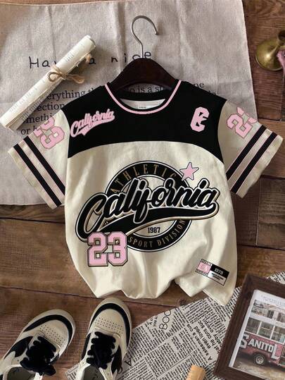 少女休闲复古字母数字徽章图案T恤，运动学院风短袖圆领T恤，适合夏季，基础款，轻松运动风，舒适精选，字母T恤，休闲舒适，蓝白配色，秋季T恤，简约时尚，经典款式，女童棒球衫，女童棒球服，Kpop，快速发货，E-Girl